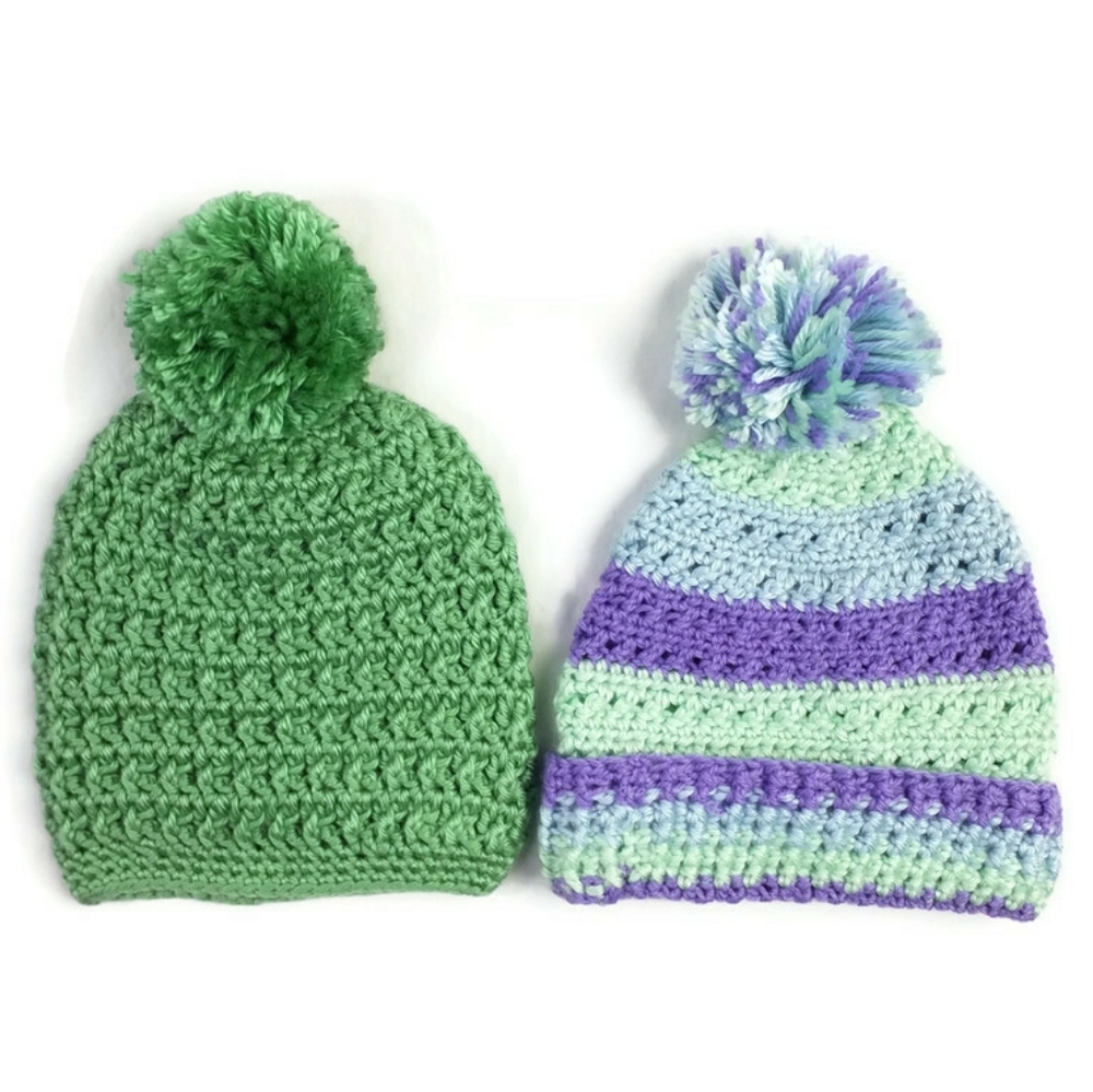 Hand Made Crochet Green & Purple Stripe Pom Top Sock Cap Beanie Hat Set Newborn